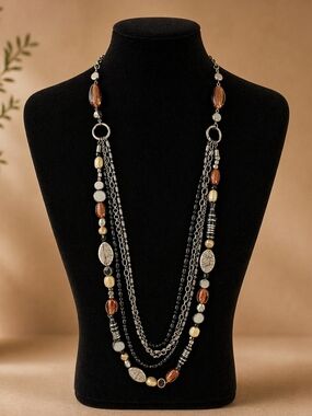 Lia Sophia Layered Brown, Gold and Black Beaded Necklace